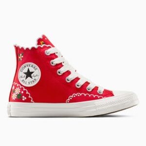 Converse Chuck Taylor All Star Sneaker Red Floral Embroidered Scallop High Tops